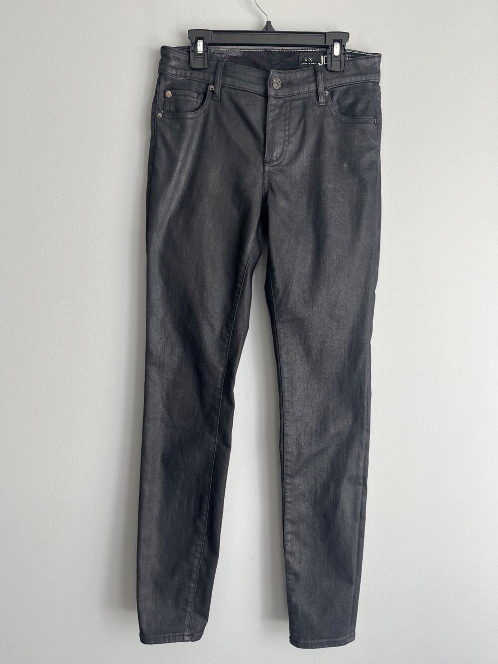 Armani Exchange A|X J01 Super Skinny Coated Black Jeans Edgy Moto Size 26